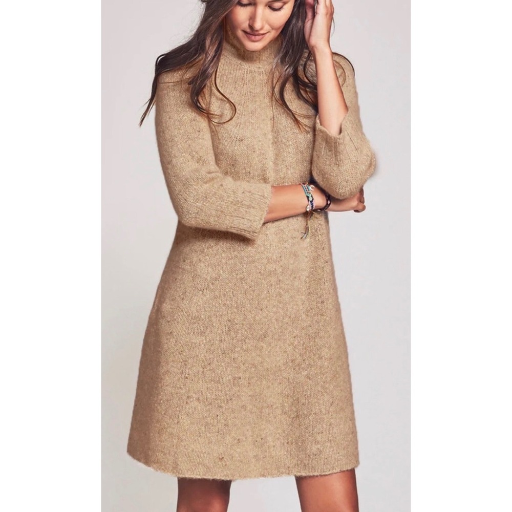 Faherty Alice Cashmere Sweater Dress Camel Freckle Mock Neck with pockets Medium